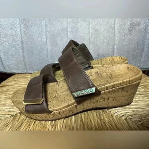 Vionic Pepper Slides Womens Brown Cork Wedge Slip-on Sandal Sz 10 Gold Hardware